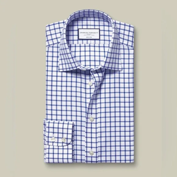 Charles Tyrwhitt Blue and White Check Dress Shirt - Picture 2 of 7